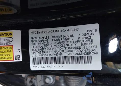 2018 Honda Accord Ex-L 2.0T из США, поврежденный, VIN 1HGCV2F54JA035599